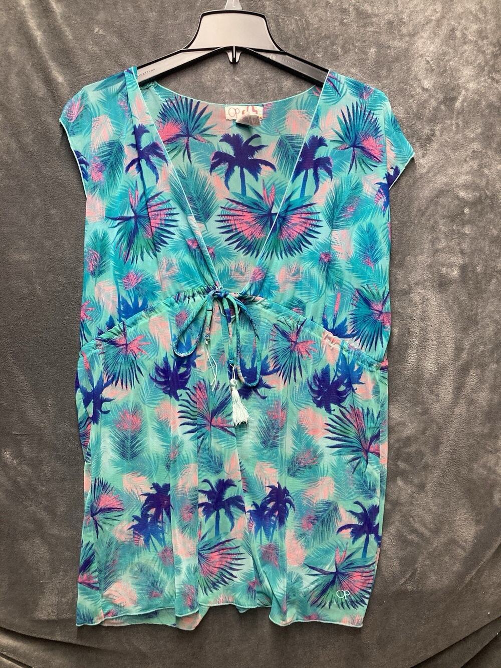 Y2K OP Sheer Swim Cover-Up Jr L(11-13) Aqua Tassle Tie Boho Beach Tropical Surf